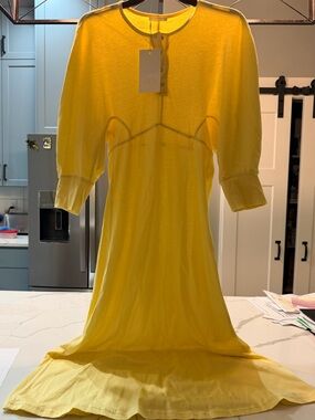 Zara Yellow Knit Midi Dress with Puff Sleeves